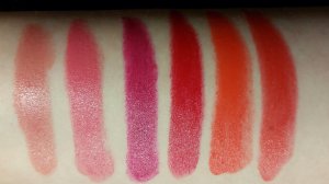 From Left to Right: Nude Creme, Fruit Punch, Uptown Mauve, Red Label, Sweet Nectar, Orange-Gina